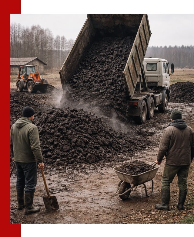 Доставка низинного торфа с разгрузкой и доставкой в Щекине